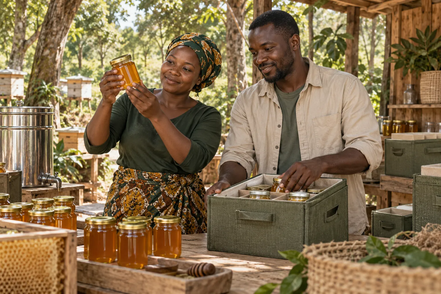 Editorial illustration inspired by Zambia: two honey entrepreneurs checking jars and reusable transport packaging at a shaded woodland cooperative workshop