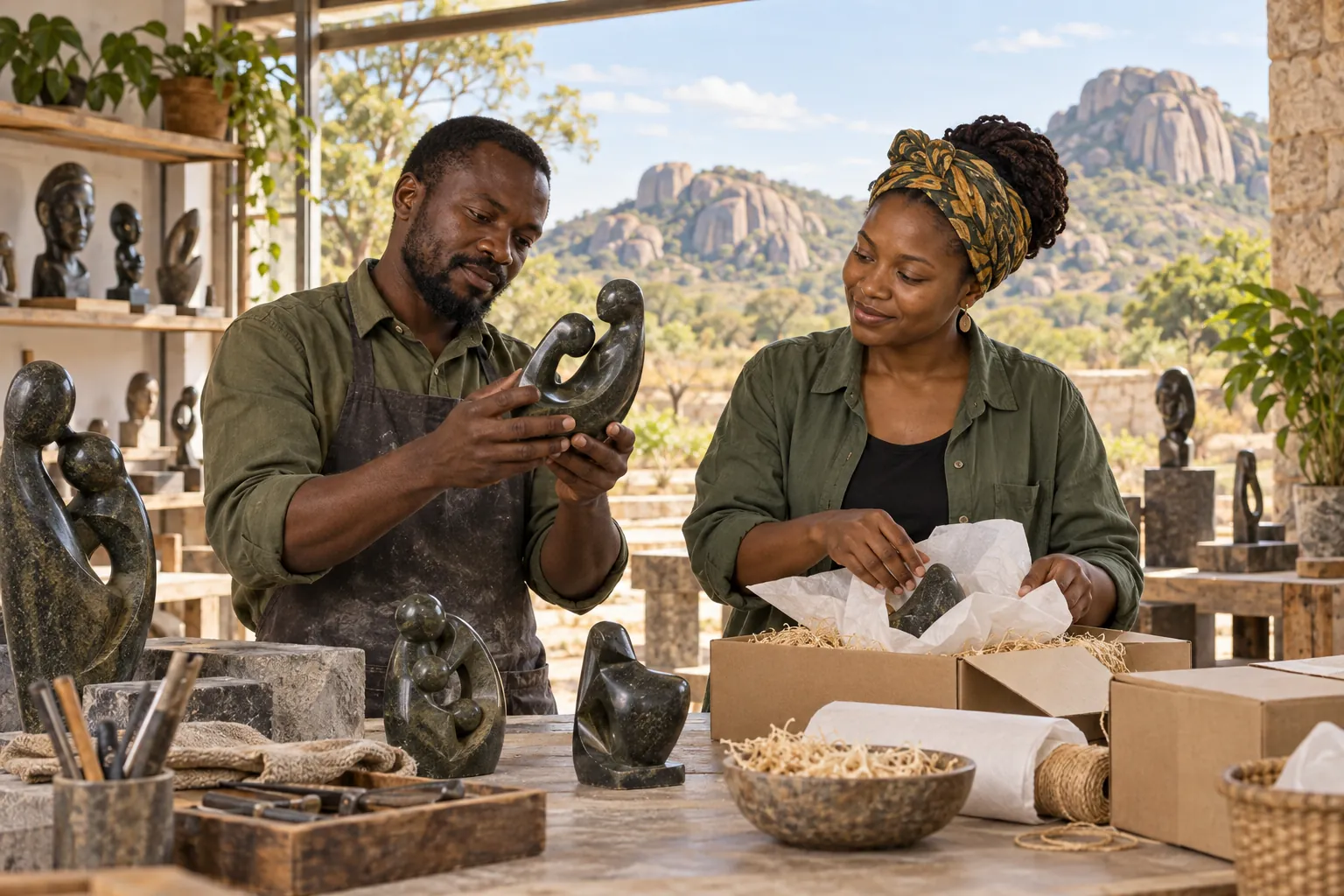 Editorial illustration inspired by Zimbabwe: a stone craft maker and designer examining small contemporary sculptures and careful packaging in an airy workshop with granite hills beyond