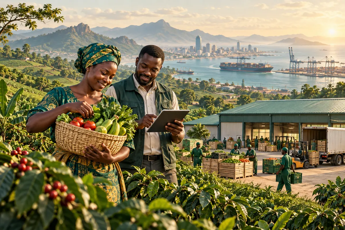 Illustration of producers connecting a cultivated landscape with trade and market opportunities