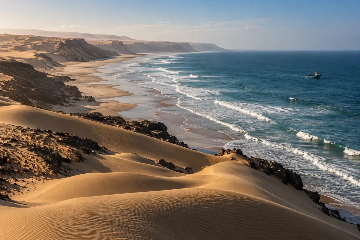 Editorial illustration inspired by Western Sahara’s Atlantic desert coastline